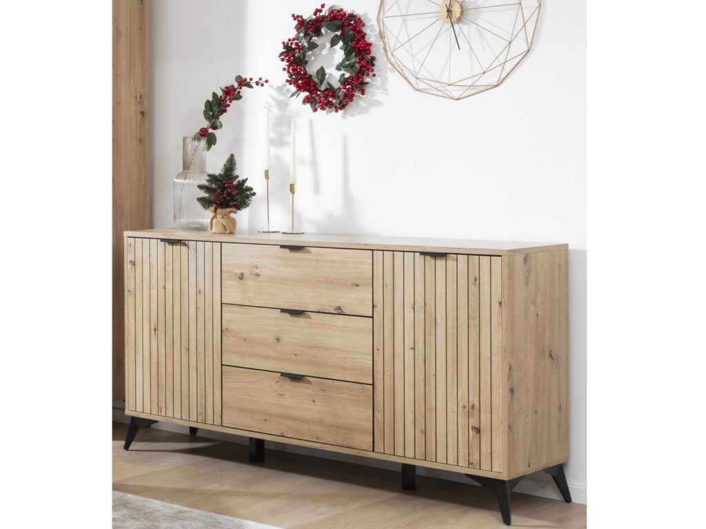 Wide Sideboard Storage Cabinet Modern Hallway Buffet 180cm Soft Close Unit Oak Effect with Slats Black Legs – Lamea