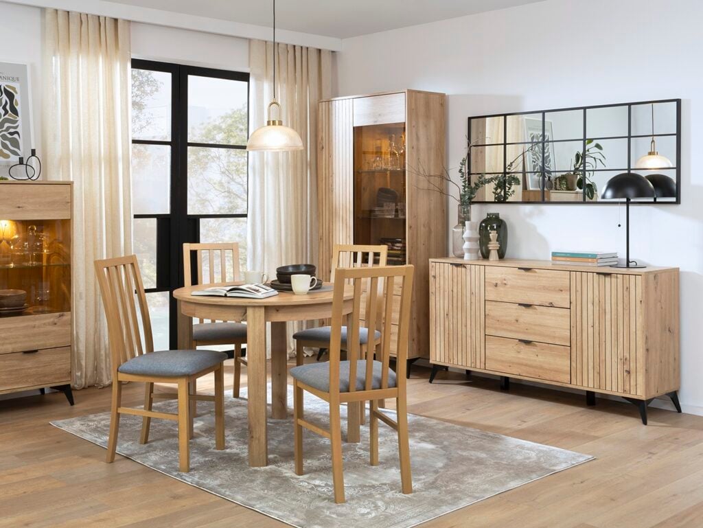 Wide Sideboard Storage Cabinet Modern Hallway Buffet 180cm Soft Close Unit Oak Effect with Slats Black Legs – Lamea