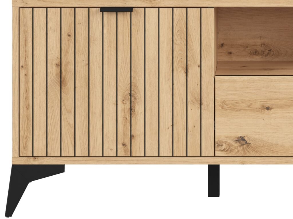 TV Cabinet Stand Modern Living Room Storage Unit 135cm Wide Soft Close Oak Effect with Slats Black Legs – Lamea