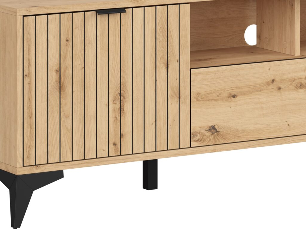 TV Cabinet Stand Modern Living Room Storage Unit 135cm Wide Soft Close Oak Effect with Slats Black Legs – Lamea