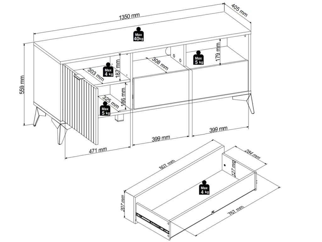 TV Cabinet Stand Modern Living Room Storage Unit 135cm Wide Soft Close Oak Effect with Slats Black Legs – Lamea