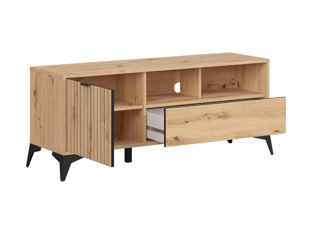 TV Cabinet Stand Modern Living Room Storage Unit 135cm Wide Soft Close Oak Effect with Slats Black Legs – Lamea