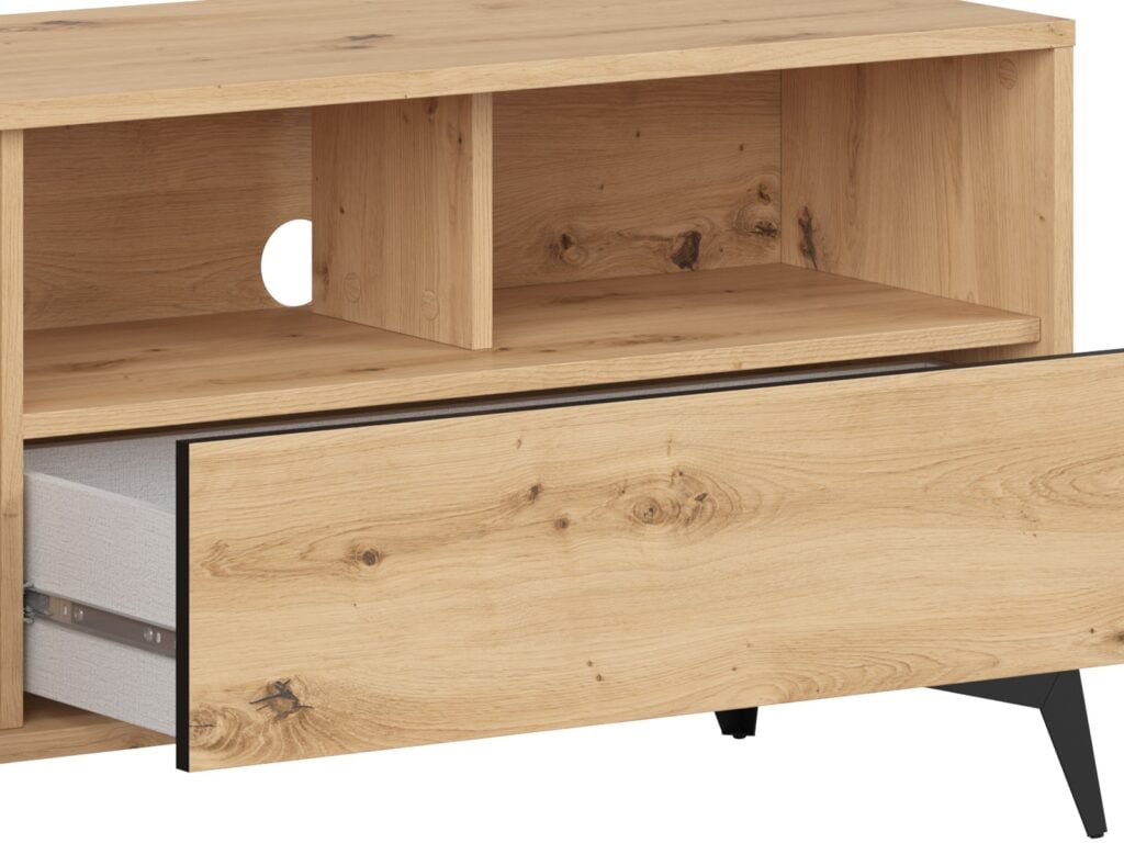 TV Cabinet Stand Modern Living Room Storage Unit 135cm Wide Soft Close Oak Effect with Slats Black Legs – Lamea