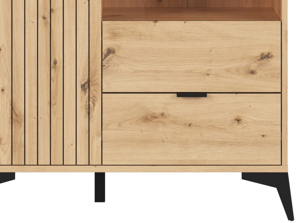 Compact Glass Display Cabinet Modern Soft Close Glazed Glass Shelves Drawer Slatted Oak Effect Black Legs – Lamea