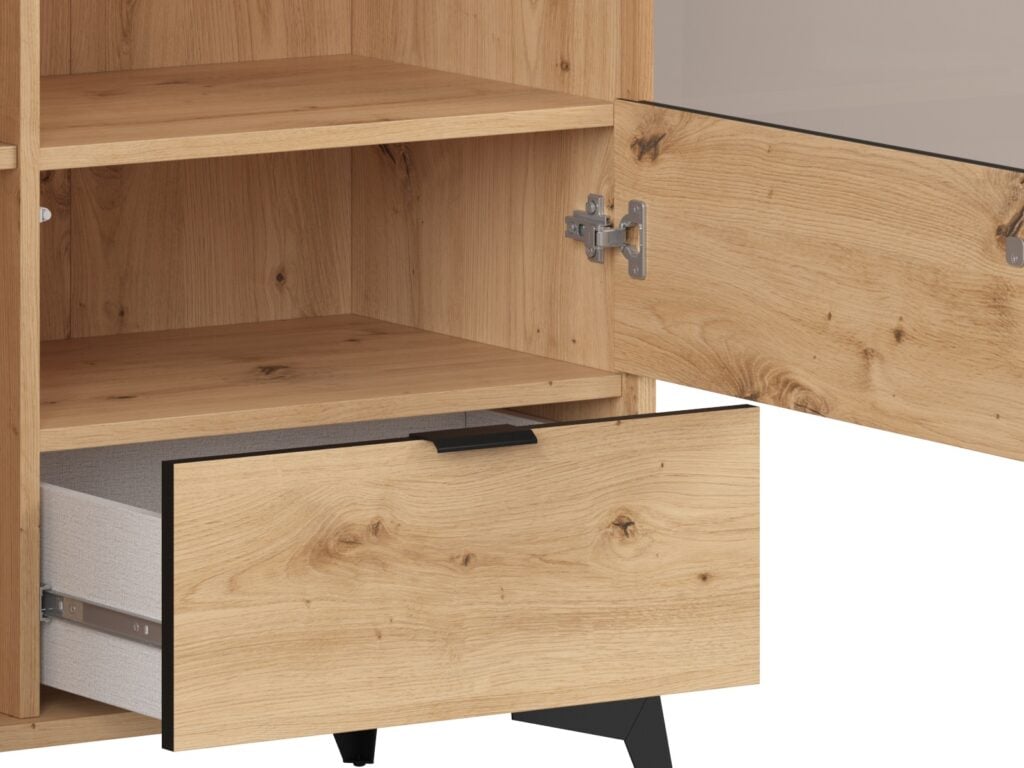 Compact Glass Display Cabinet Modern Soft Close Glazed Glass Shelves Drawer Slatted Oak Effect Black Legs – Lamea