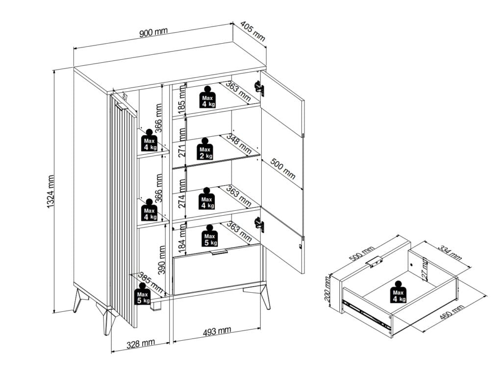Compact Glass Display Cabinet Modern Soft Close Glazed Glass Shelves Drawer Slatted Oak Effect Black Legs – Lamea