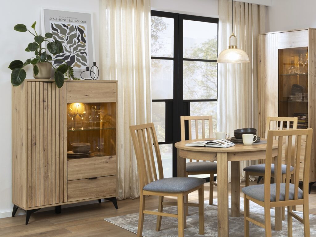 Compact Glass Display Cabinet Modern Soft Close Glazed Glass Shelves Drawer Slatted Oak Effect Black Legs – Lamea