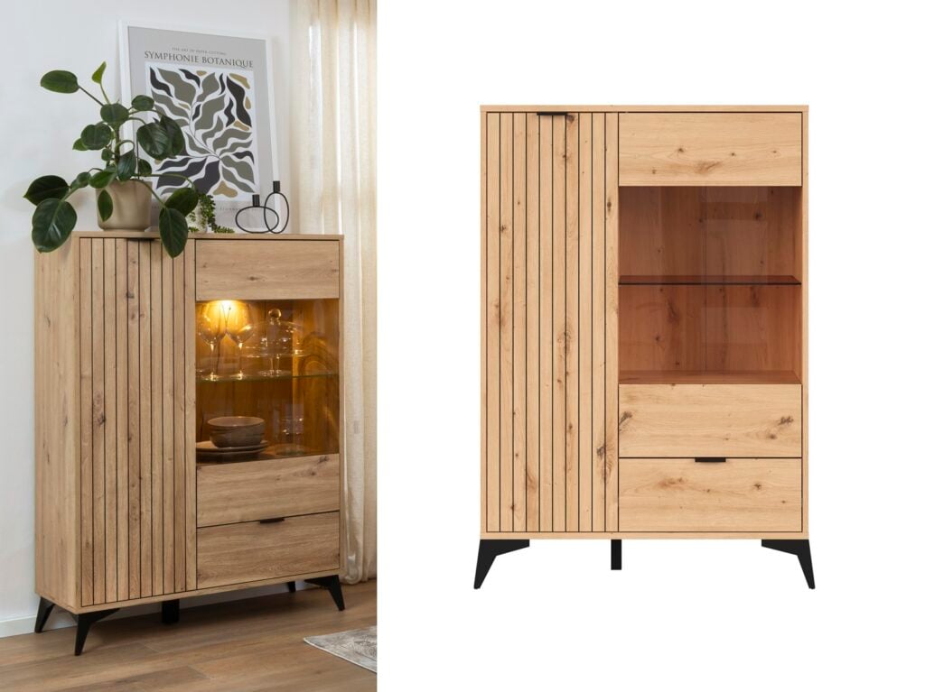 Compact Glass Display Cabinet Modern Soft Close Glazed Glass Shelves Drawer Slatted Oak Effect Black Legs – Lamea