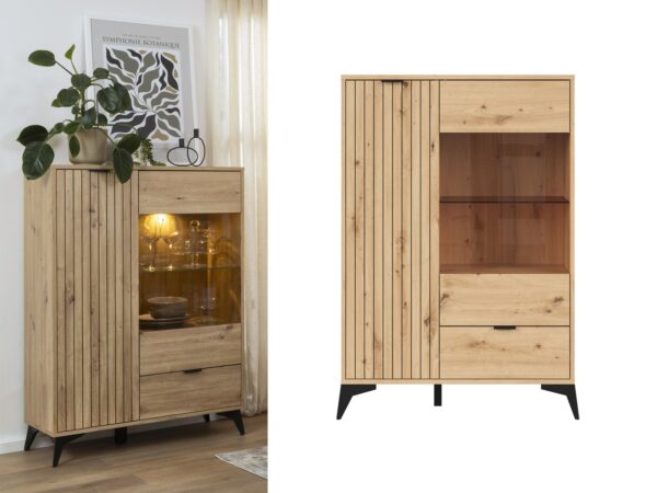 Lamea compact display cabinet with ribbed door glass door black handles and legs room shot - Collage