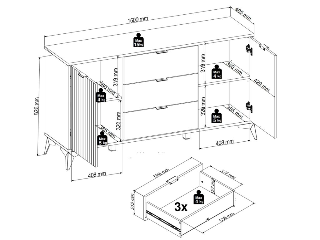 Sideboard Storage Cabinet Modern Hallway Buffet 150cm Soft Close Unit Oak Effect with Slats Black Legs – Lamea