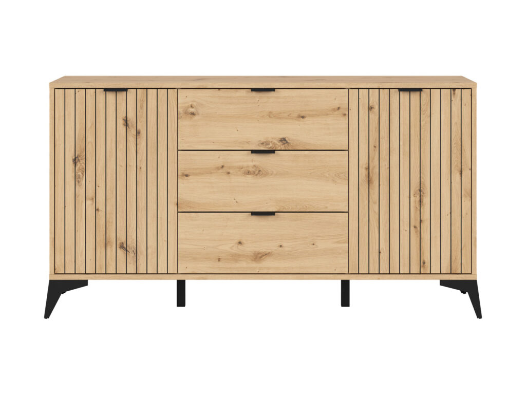 Sideboard Storage Cabinet Modern Hallway Buffet 150cm Soft Close Unit Oak Effect with Slats Black Legs – Lamea