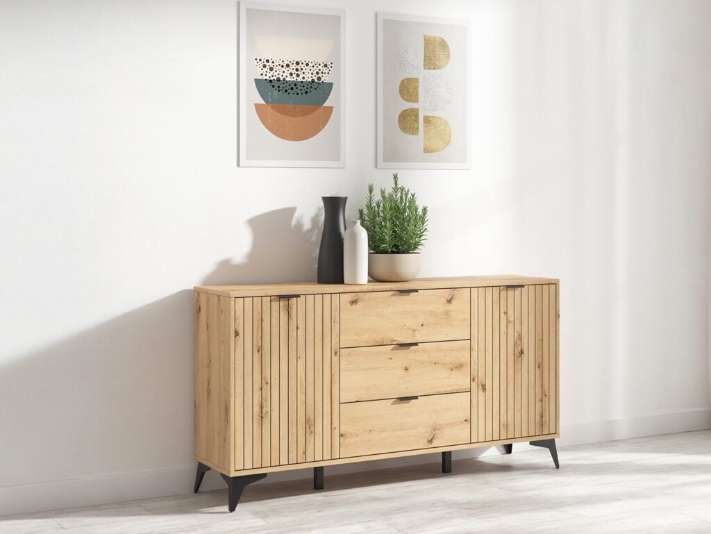 Wide Sideboard Storage Cabinet Modern Hallway Buffet 180cm Soft Close Unit Oak Effect with Slats Black Legs – Lamea