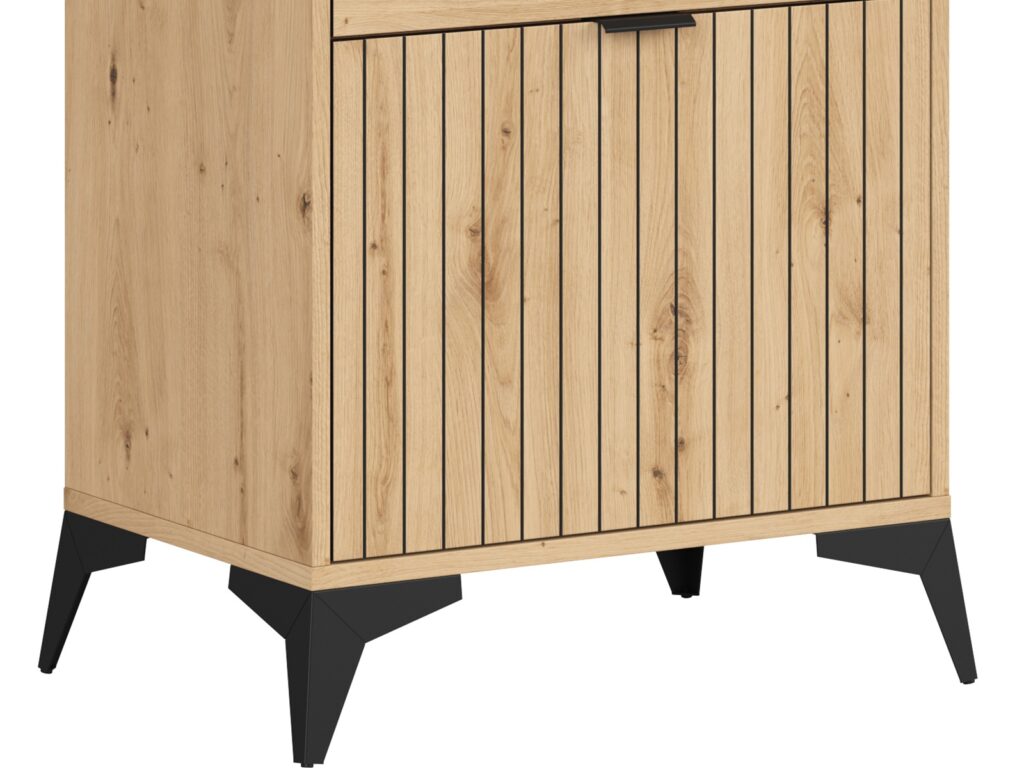 Tall Slim Glass Display Cabinet Modern Soft Close Glazed Unit Glass Shelves Slatted Oak Effect Black Legs – Lamea