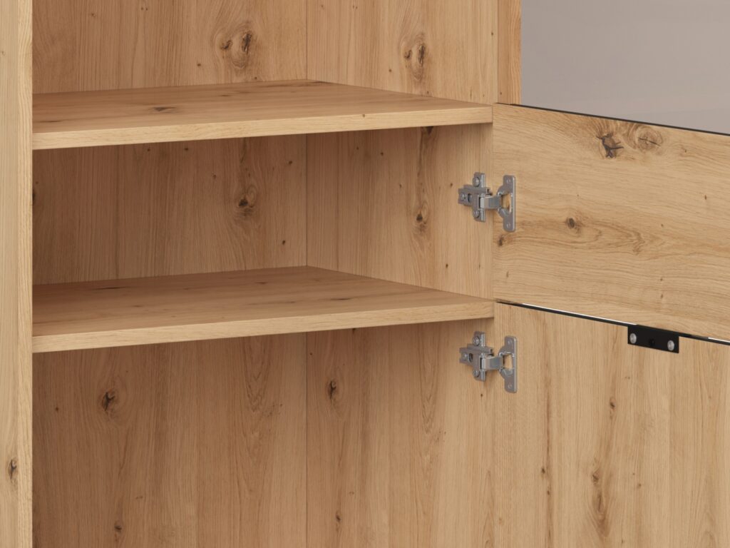 Tall Slim Glass Display Cabinet Modern Soft Close Glazed Unit Glass Shelves Slatted Oak Effect Black Legs – Lamea