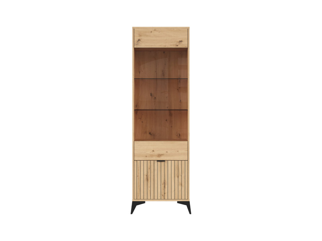 Tall Slim Glass Display Cabinet Modern Soft Close Glazed Unit Glass Shelves Slatted Oak Effect Black Legs – Lamea