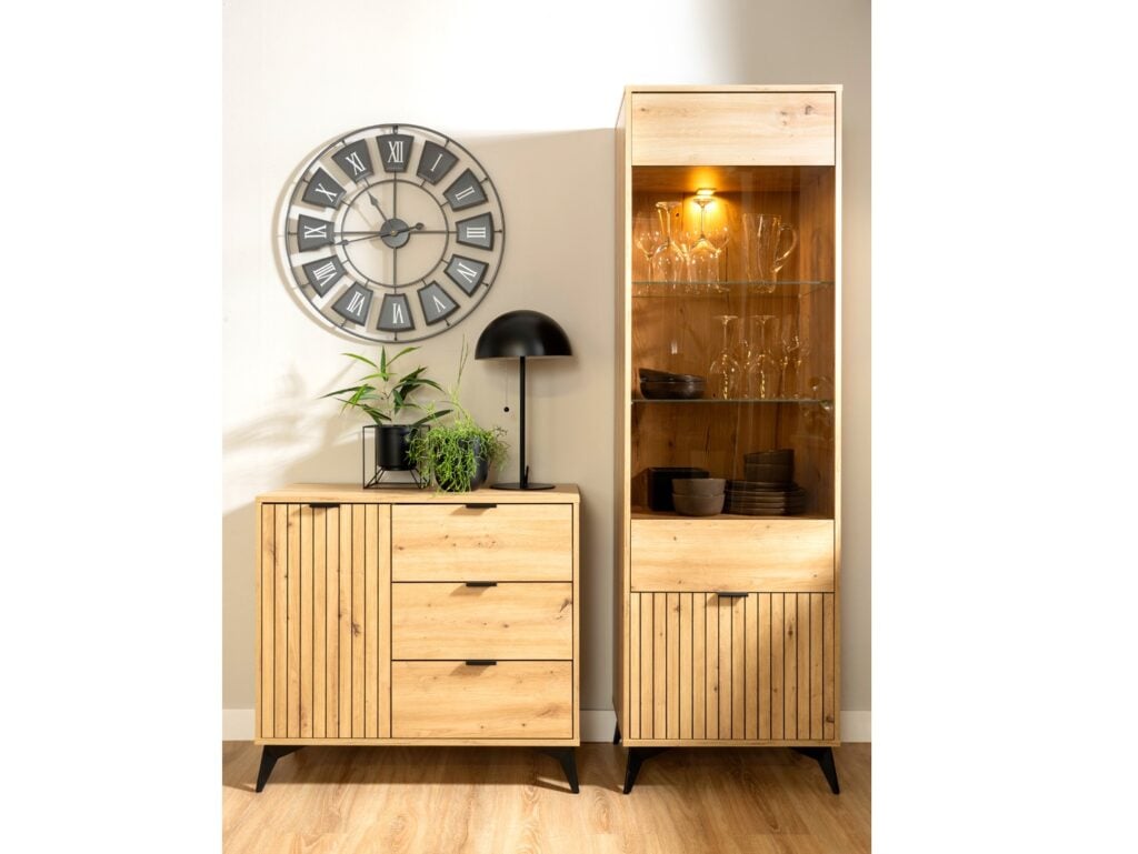 Tall Slim Glass Display Cabinet Modern Soft Close Glazed Unit Glass Shelves Slatted Oak Effect Black Legs – Lamea