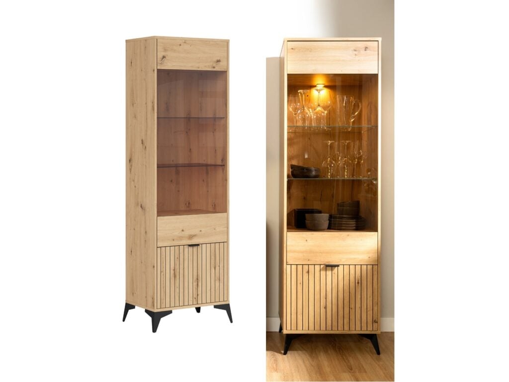 Tall Slim Glass Display Cabinet Modern Soft Close Glazed Unit Glass Shelves Slatted Oak Effect Black Legs – Lamea