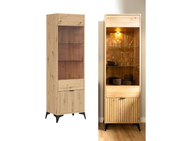 Lamea tall slim display cabinet with ribbed door glass door black handles and legs collage