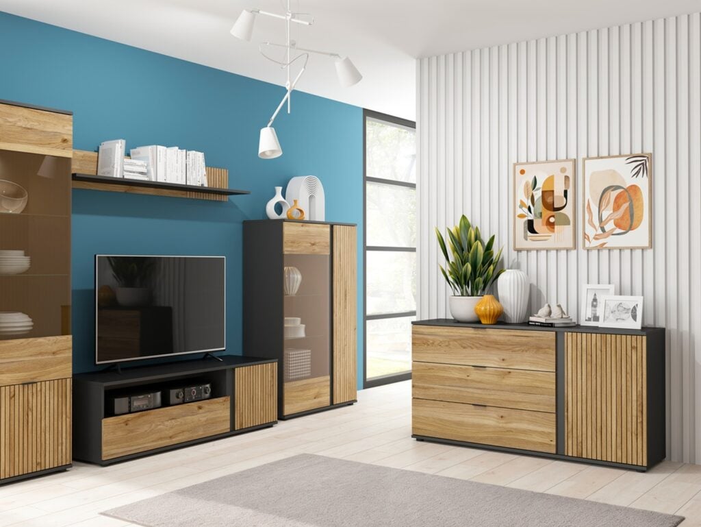 Glass Display Cabinet Modern Compact 95cm 2 Soft Close Doors Storage Unit Black Matt Oak Printed Slat Effect Luen