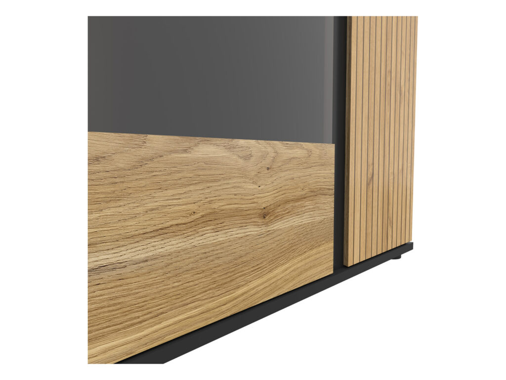 Glass Display Cabinet Modern Compact 95cm 2 Soft Close Doors Storage Unit Black Matt Oak Printed Slat Effect Luen