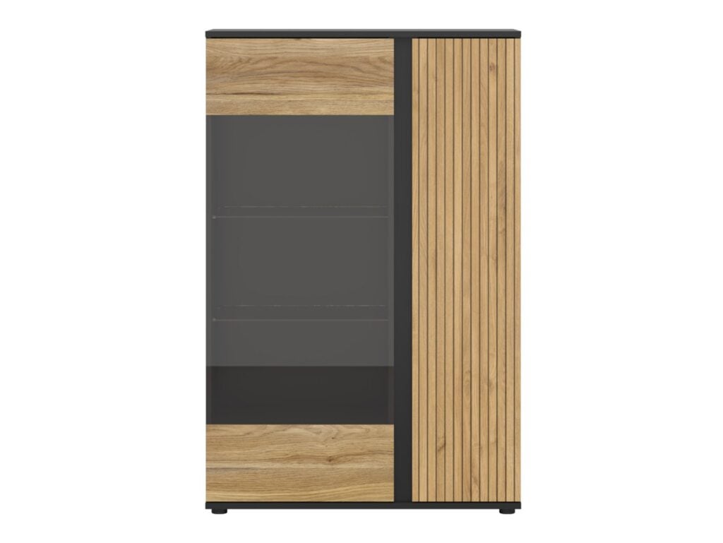 Glass Display Cabinet Modern Compact 95cm 2 Soft Close Doors Storage Unit Black Matt Oak Printed Slat Effect Luen
