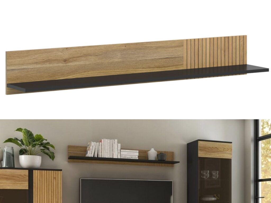 Floating Wall Shelf Modern Long Wall Mounted Shelving Hallway Living Room Black Matt Printed Slat Oak Effect – Luen