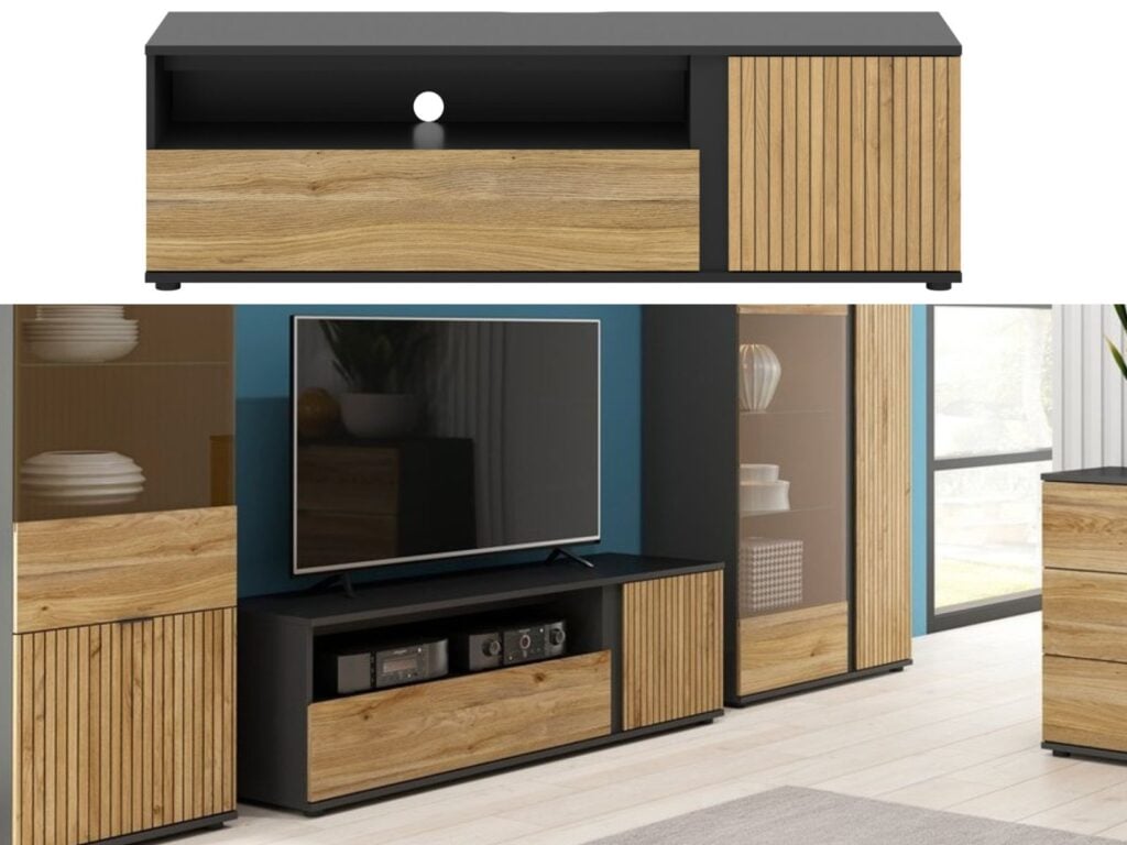 TV Stand Cabinet Modern 155cm Long Living Room TV Unit with Storage Soft Clo Black Matt Oak Effect Slats – Luen