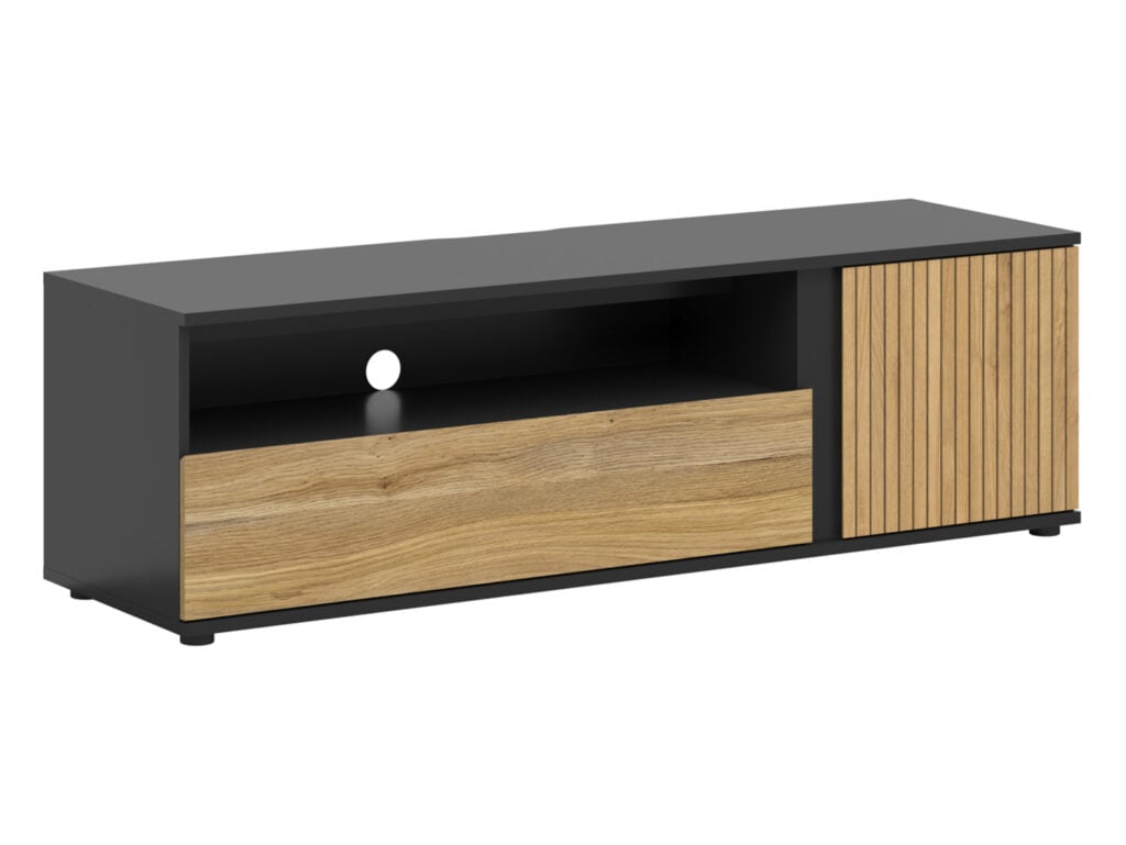 TV Stand Cabinet Modern 155cm Long Living Room TV Unit with Storage Soft Clo Black Matt Oak Effect Slats – Luen