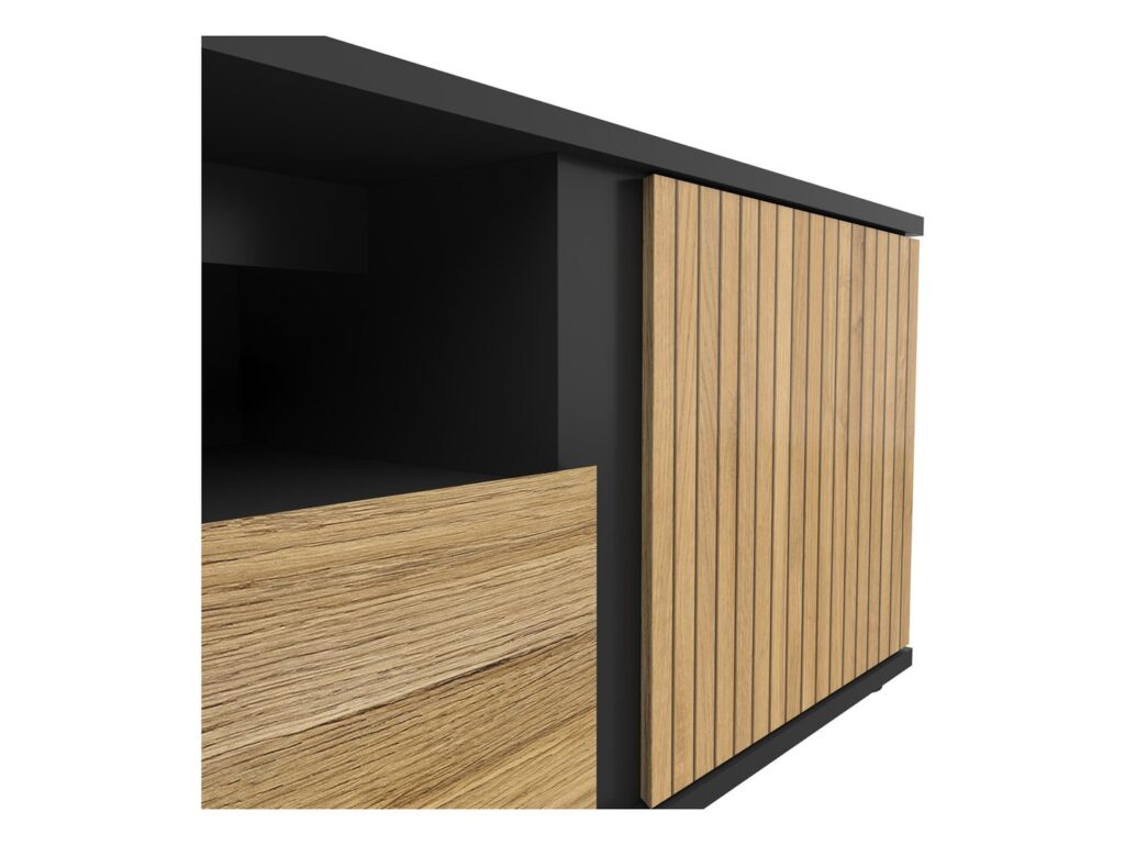 TV Stand Cabinet Modern 155cm Long Living Room TV Unit with Storage Soft Clo Black Matt Oak Effect Slats – Luen