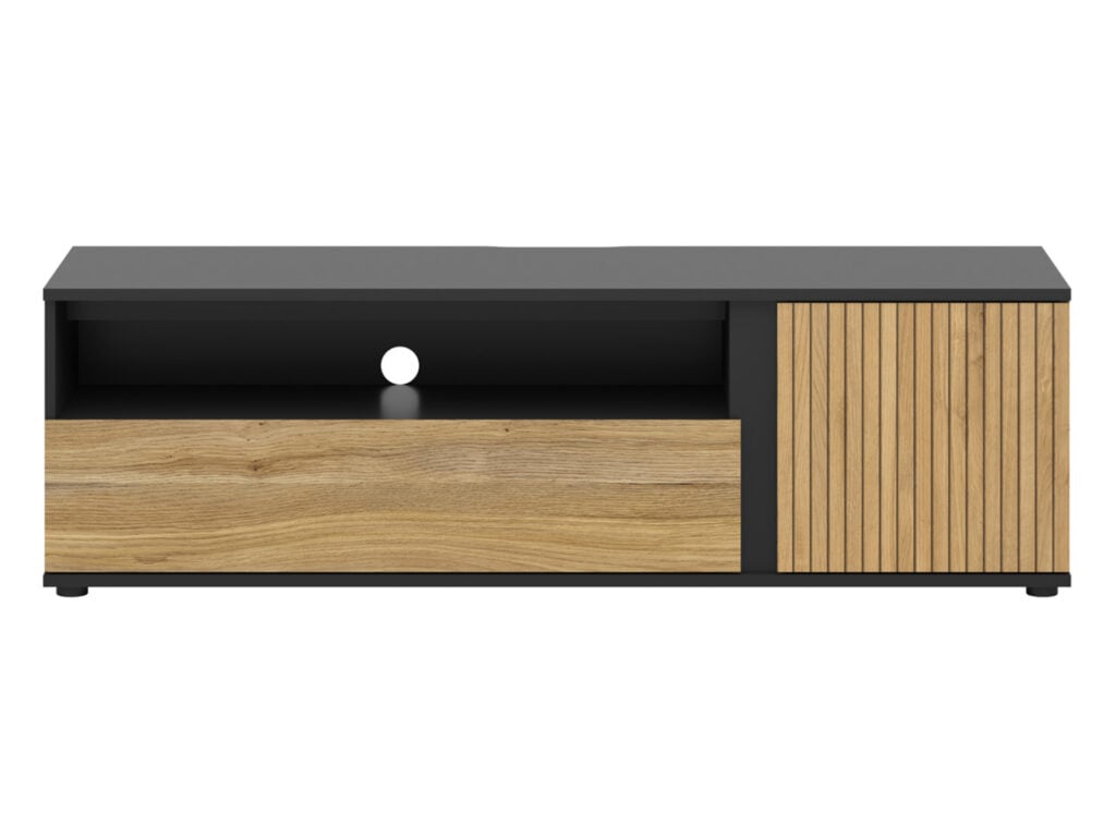 TV Stand Cabinet Modern 155cm Long Living Room TV Unit with Storage Soft Clo Black Matt Oak Effect Slats – Luen