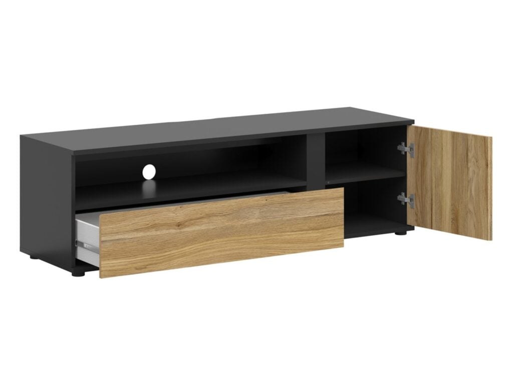TV Stand Cabinet Modern 155cm Long Living Room TV Unit with Storage Soft Clo Black Matt Oak Effect Slats – Luen