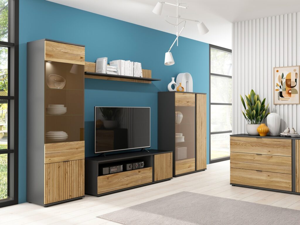 TV Stand Cabinet Modern 155cm Long Living Room TV Unit with Storage Soft Clo Black Matt Oak Effect Slats – Luen