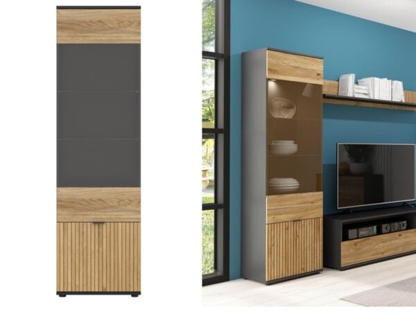 Luen Tall glass display unit with doors black oak panelling collage
