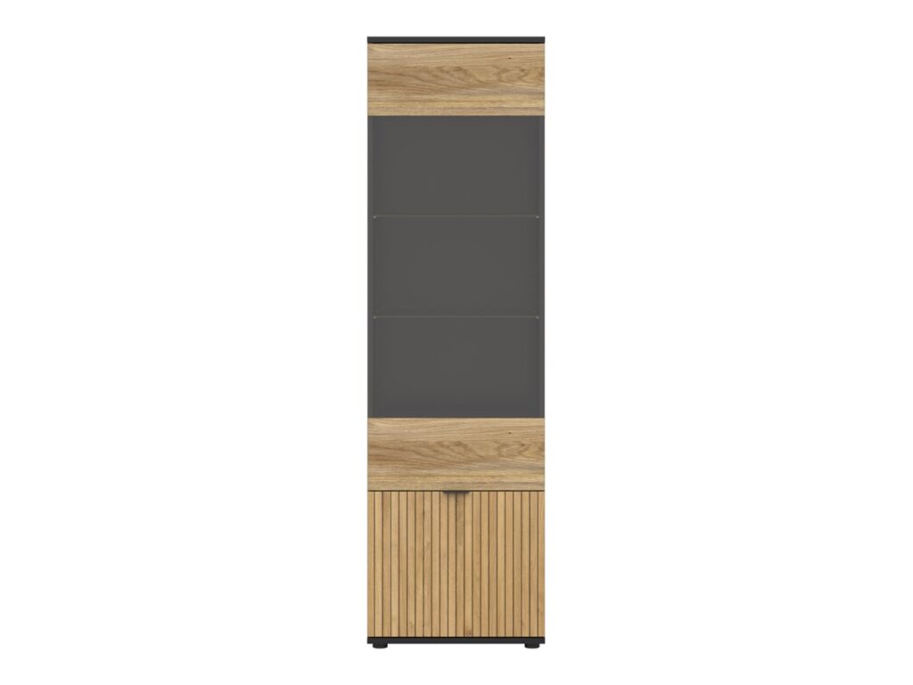 Glass Display Cabinet Modern Tall Slim 2 Soft Close Doors Storage Unit Black Matt Oak Printed Slat Effect – Luen