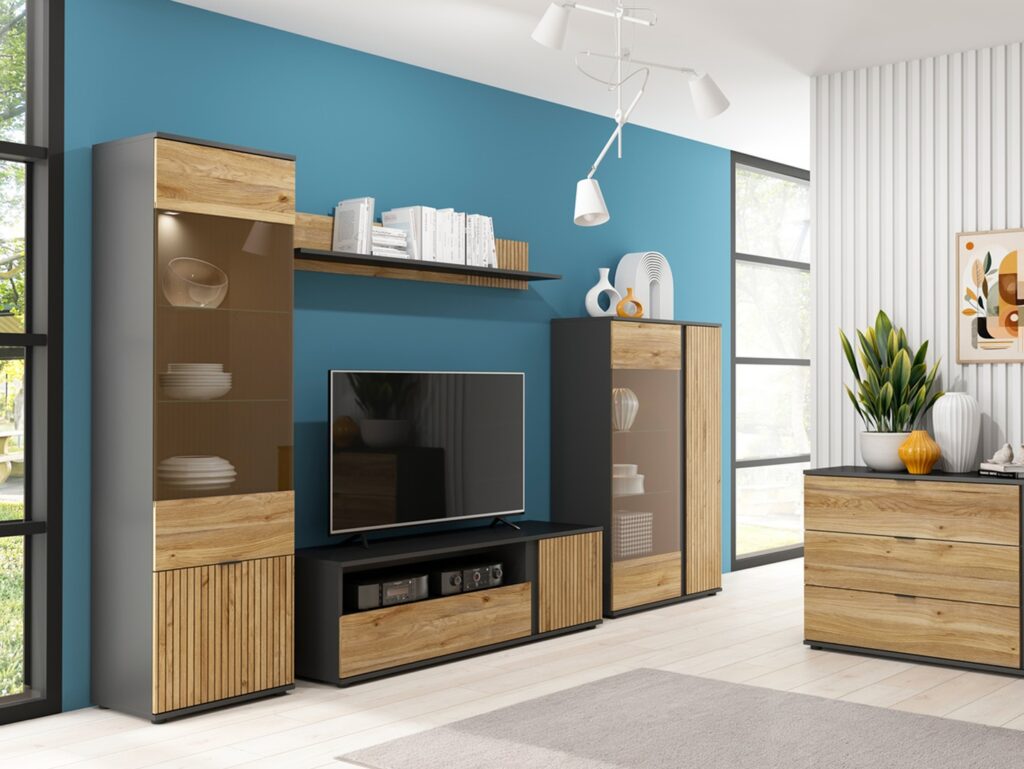 Glass Display Cabinet Modern Tall Slim 2 Soft Close Doors Storage Unit Black Matt Oak Printed Slat Effect – Luen