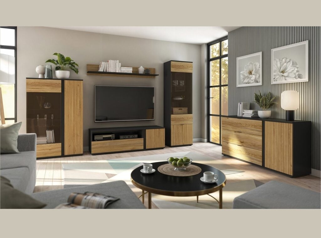 Sideboard Storage Cabinet Modern Hallway Compact 143cm Soft Close Unit Black Matt Oak Effect with Slats – Luen