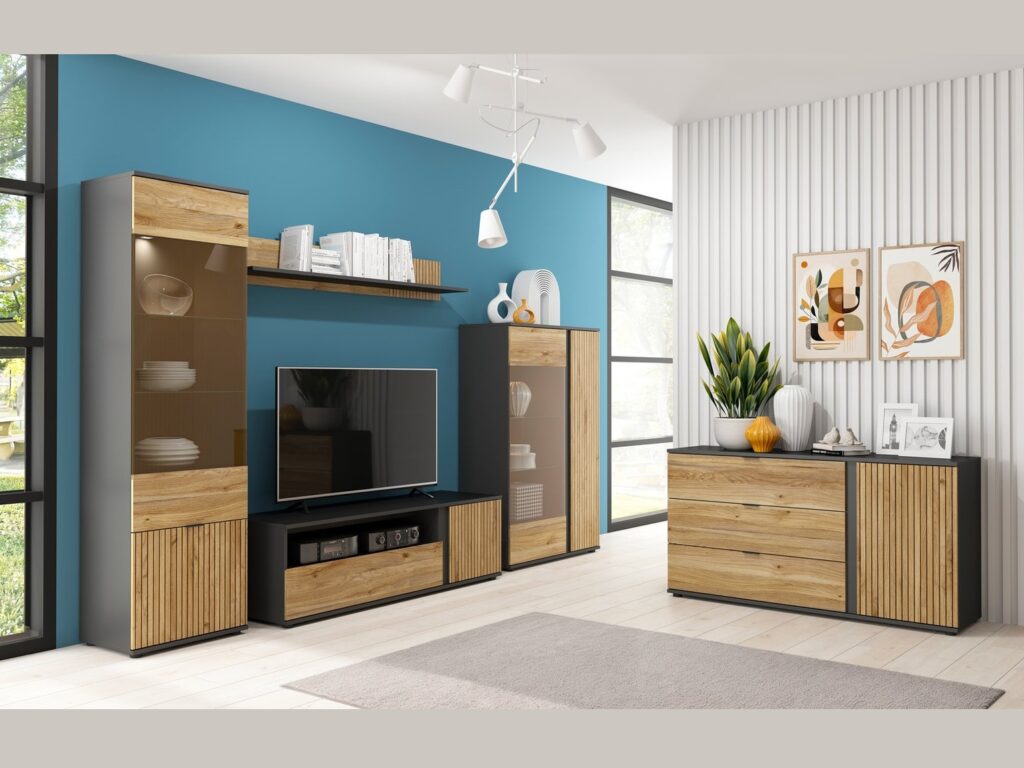 Sideboard Storage Cabinet Modern Hallway Compact 143cm Soft Close Unit Black Matt Oak Effect with Slats – Luen