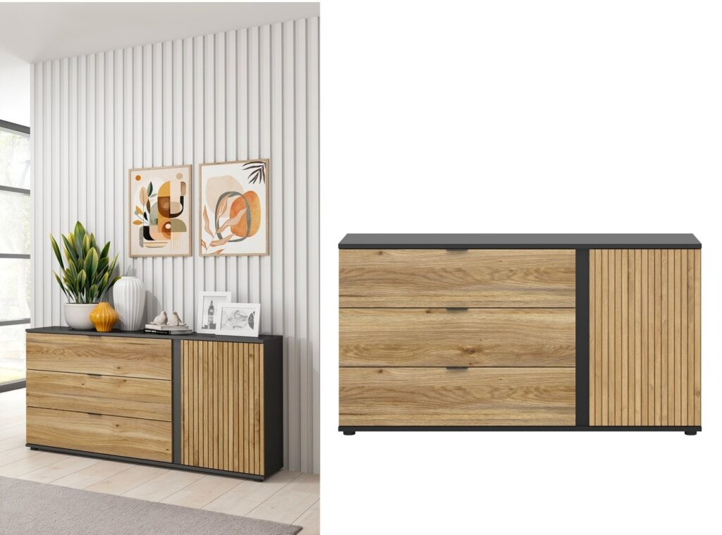 Sideboard Storage Cabinet Modern Hallway Compact 143cm Soft Close Unit Black Matt Oak Effect with Slats – Luen