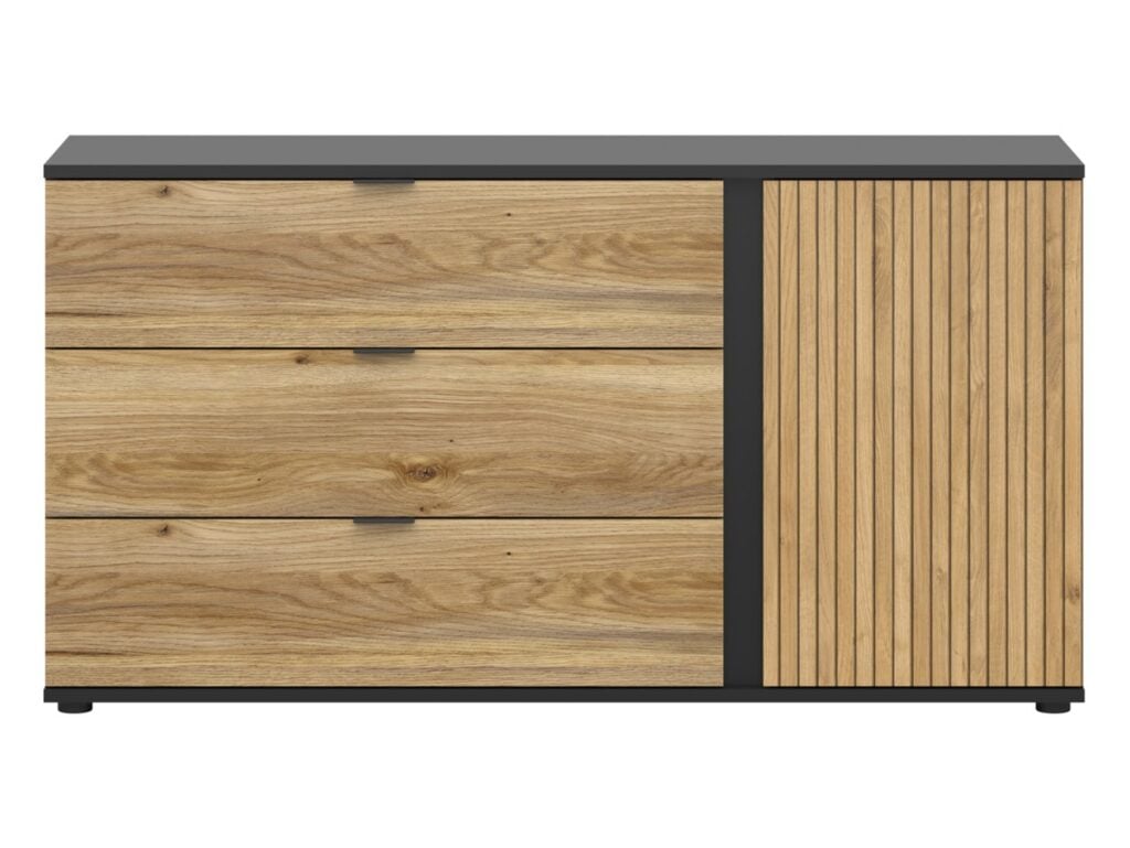 Sideboard Storage Cabinet Modern Hallway Compact 143cm Soft Close Unit Black Matt Oak Effect with Slats – Luen