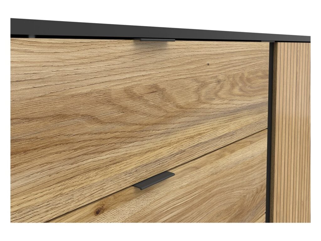 Sideboard Storage Cabinet Modern Hallway Compact 143cm Soft Close Unit Black Matt Oak Effect with Slats – Luen