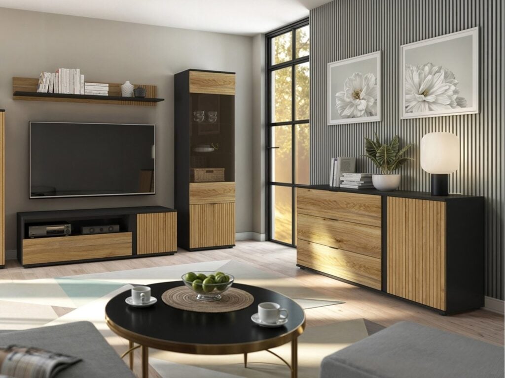 Sideboard Storage Cabinet Modern Hallway Compact 143cm Soft Close Unit Black Matt Oak Effect with Slats – Luen
