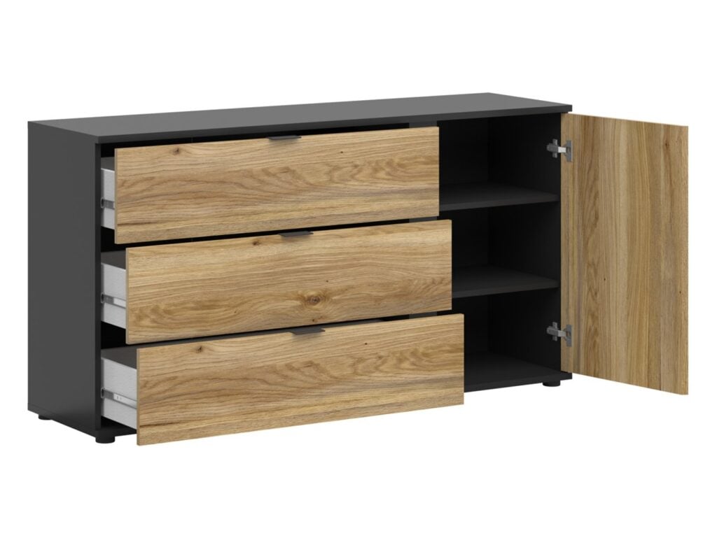 Sideboard Storage Cabinet Modern Hallway Compact 143cm Soft Close Unit Black Matt Oak Effect with Slats – Luen