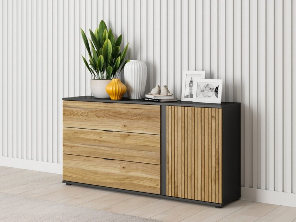 Sideboard Storage Cabinet Modern Hallway Compact 143cm Soft Close Unit Black Matt Oak Effect with Slats – Luen