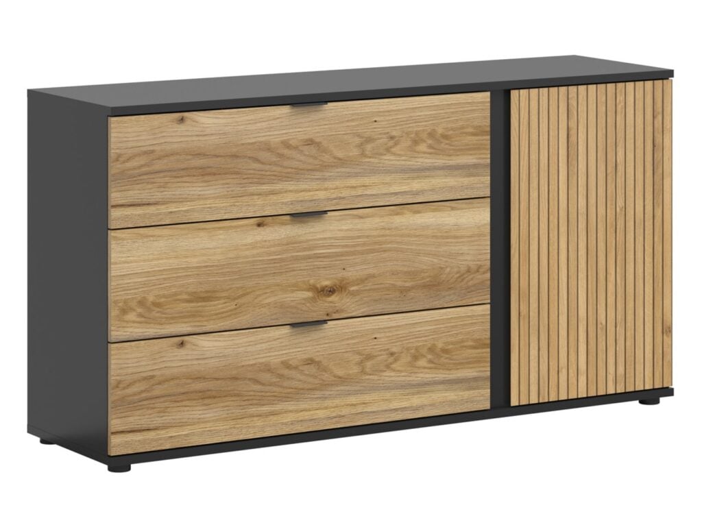 Sideboard Storage Cabinet Modern Hallway Compact 143cm Soft Close Unit Black Matt Oak Effect with Slats – Luen