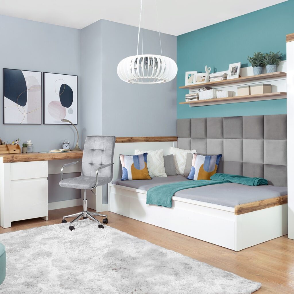 Small Double Bed Frame White Gloss and Oak High Headboard Scandi - Holten