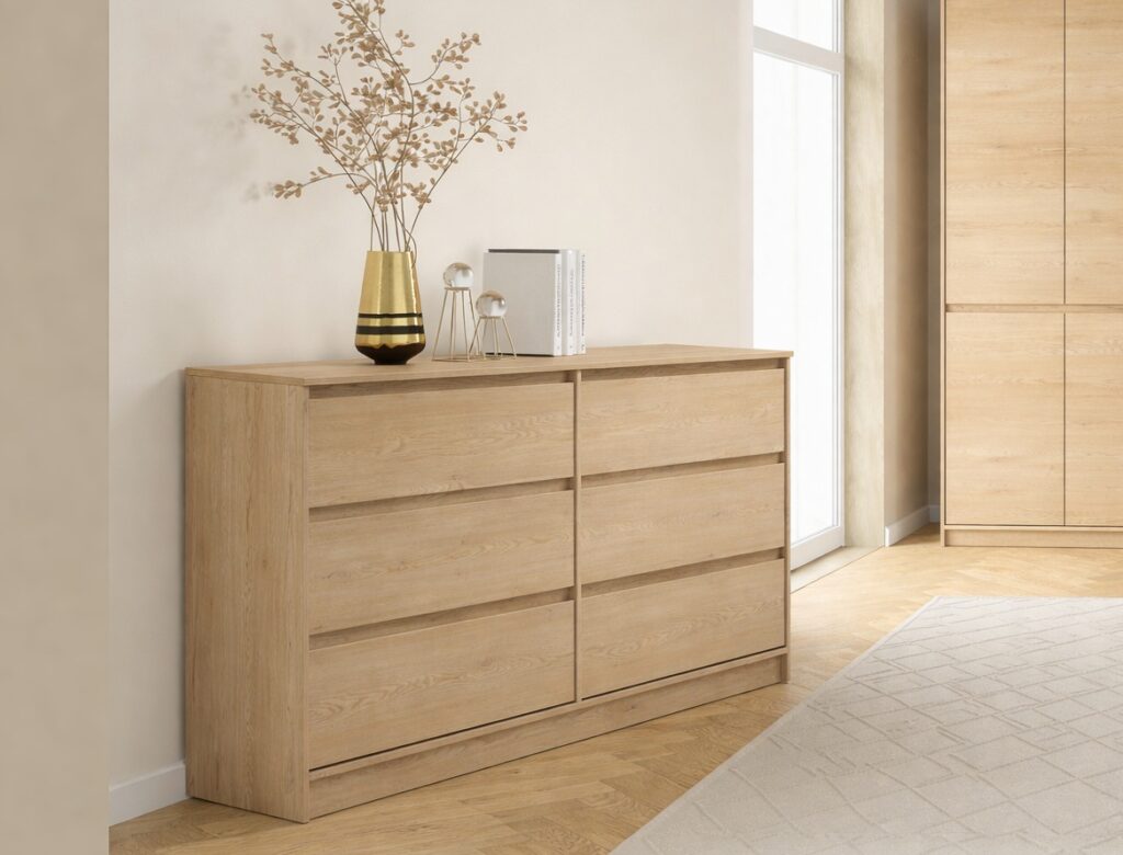 6 Drawer Chest of Drawers Wide Large Sideboard Cabinet Handleless Storage Unit Light Oak 181cm - Mana