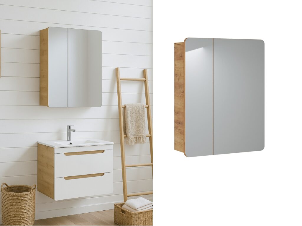 600mm Bathroom Mirror Cabinet Oak Narrow Wall Mounted Mirrored Slim Storage Unit - Aruba