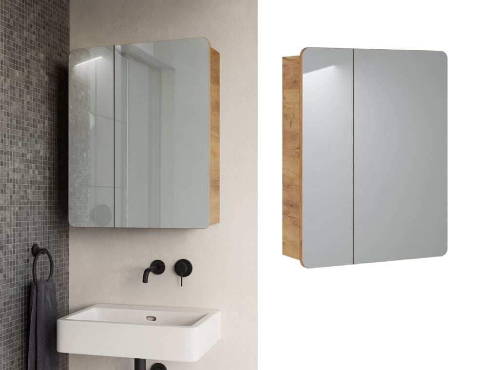 600mm Bathroom Mirror Cabinet Oak Narrow Wall Mounted Mirrored Slim Storage Unit - Aruba