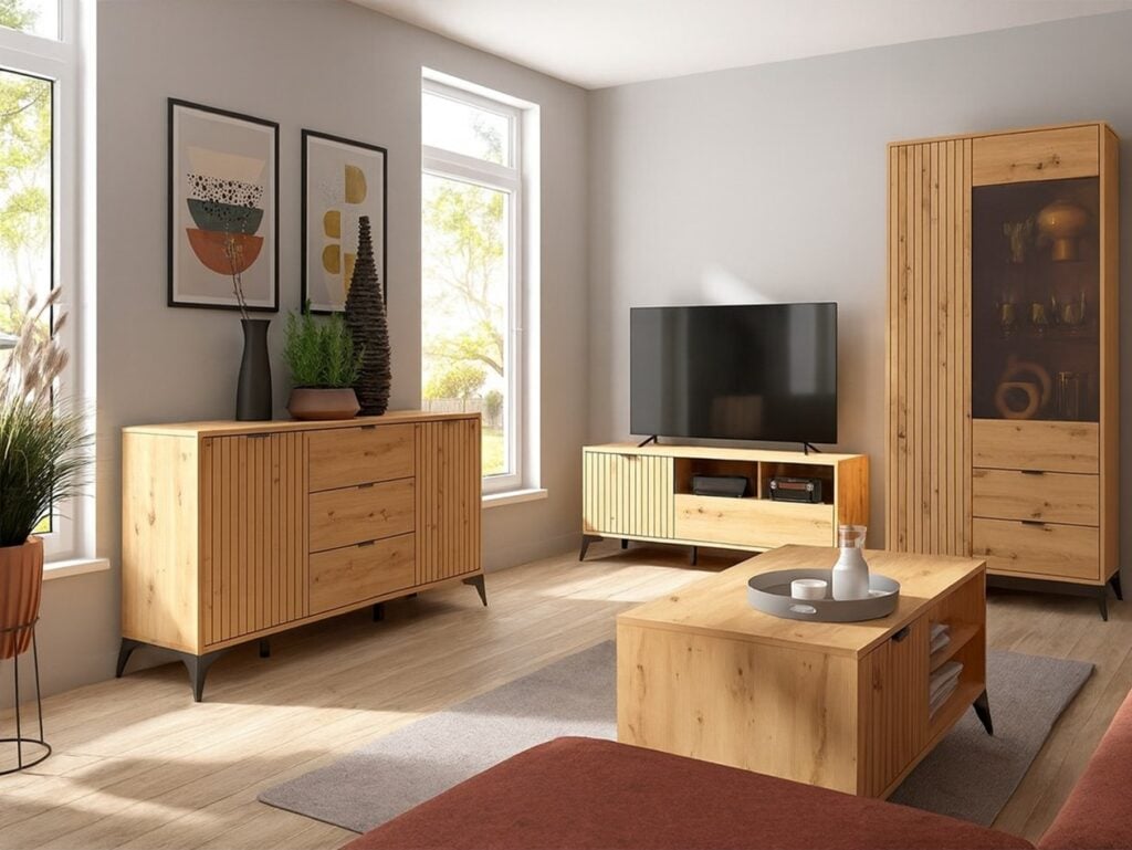 Wide Sideboard Storage Cabinet Modern Hallway Buffet 180cm Soft Close Unit Oak Effect with Slats Black Legs – Lamea