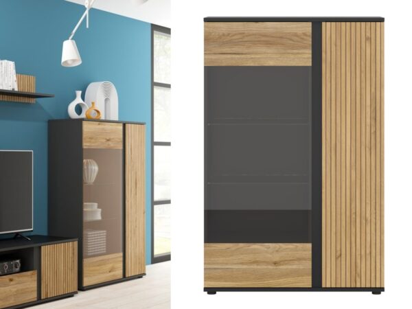Luen Compact glass display unit with doors black oak printed slat panelling collage
